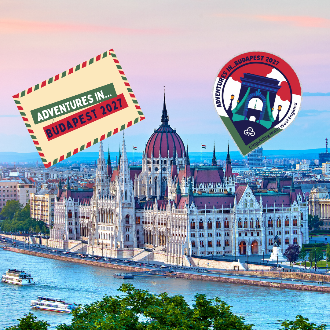 An image of Budapest with the Adventures in Budapest trip badge overlaid. Text on image reads 'Adventures in Budapest'