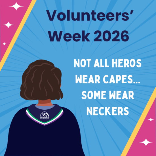 Illustration showing a guiding leader from behind. They are wearing a blue cape, but also - clearly - a GGNWE necker. Text on image reads: “Not all heroes wear capes, some wear neckers”.