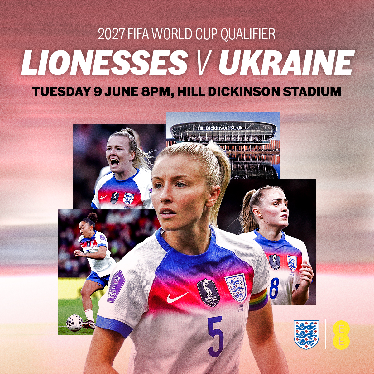 Compilation of several female England team footballers. Text on image reads "Lionesses v Ukraine"