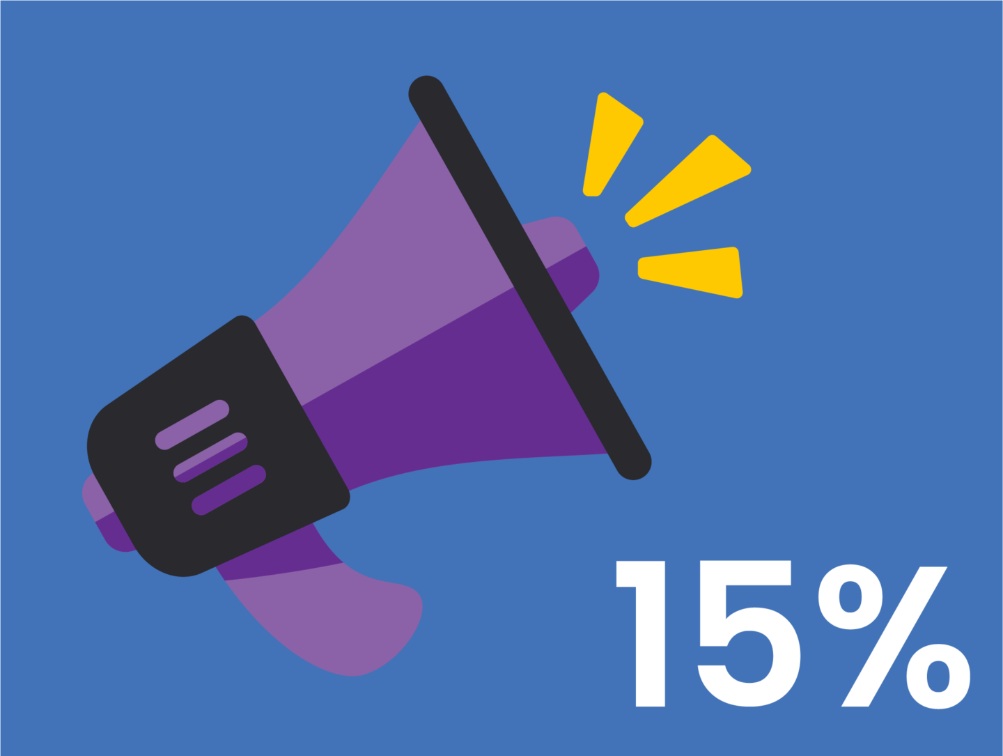 A graphic with a blue background shows an icon of a megaphone and the figure "15%"