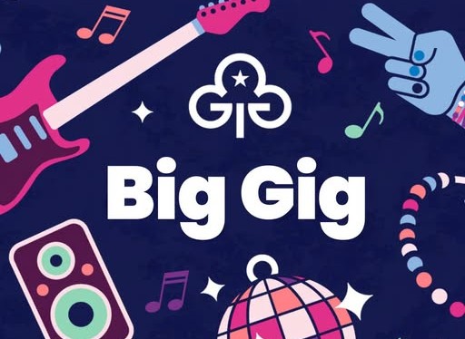Image shows colourful musical icons, including a guitar and glitterball, with the words Big Gig and Girlguiding trefoil.